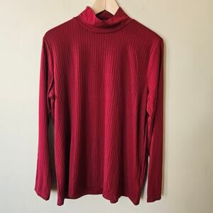 Lands' End Women's Ribbed Mock Neck Top, Size L (14/16) Stretch Red Minimalist